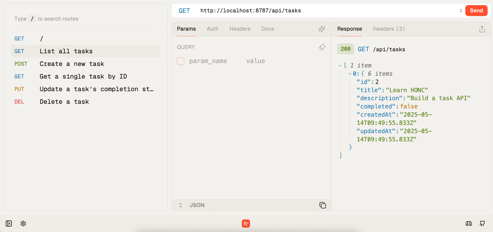 Fiberplane API Playground showing API endpoints for the HONC Task API